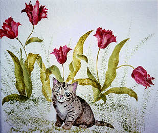 Kitten with tulips